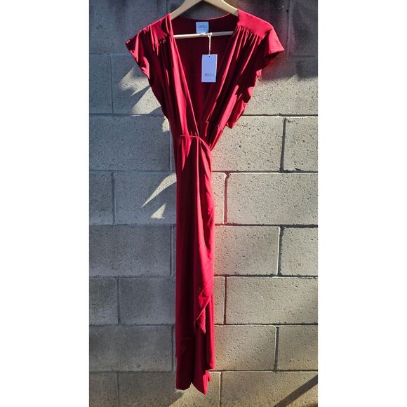 MISA LOS ANGELES RED WRAP MAXI DRESS | SILKY DRAPE | RESORT TO WEDDING SIZE S - Picture 4 of 6